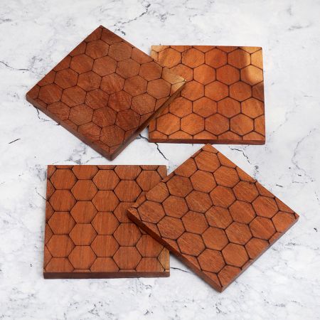 Honeycomb Pattern Brown Wooden Coasters - Pack of 4